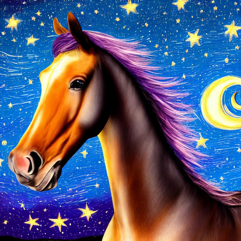 Vibrant horse with purple mane under starry night sky