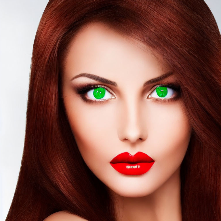 Vibrant red hair, green eyes, and bold lipstick portrait.