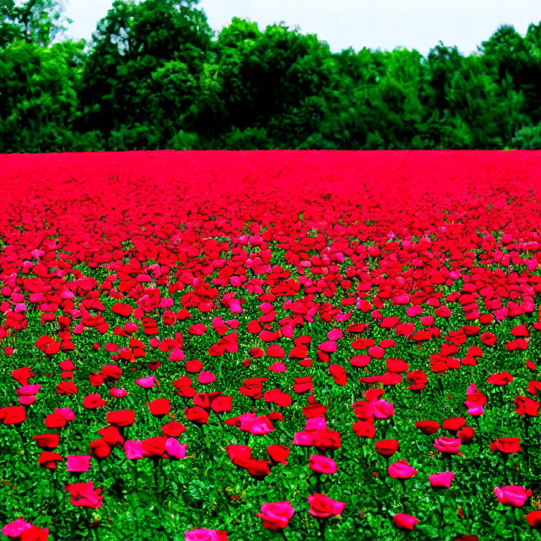 Lush Red Poppies Field with Trees and Cloudy Sky