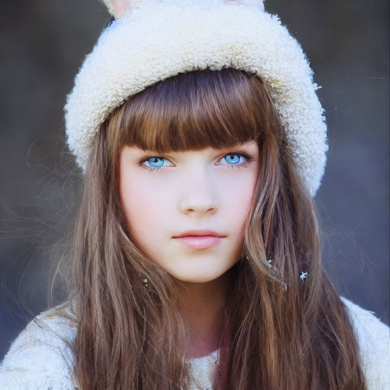 Young girl with blue eyes and brown hair in white fuzzy hat.
