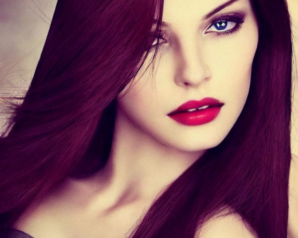 Portrait of woman with deep red hair, striking blue eyes, and bold red lipstick