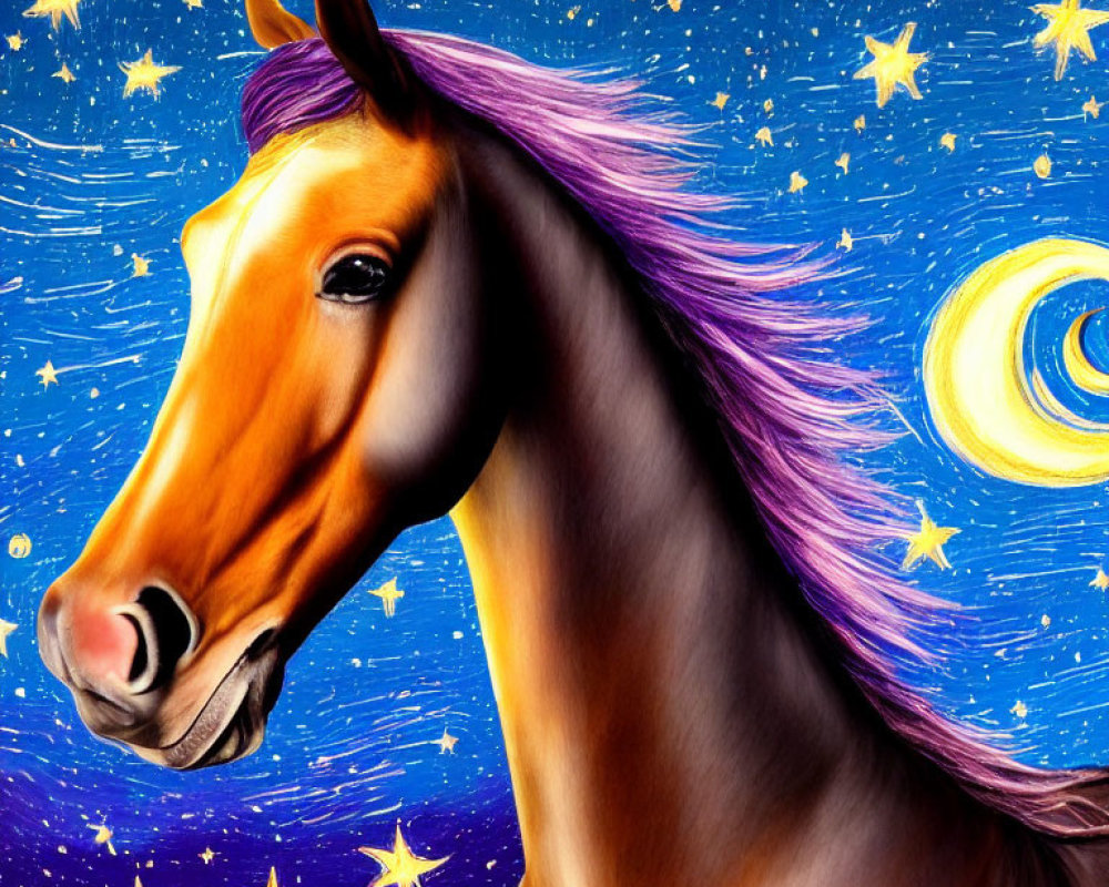 Vibrant horse with purple mane under starry night sky
