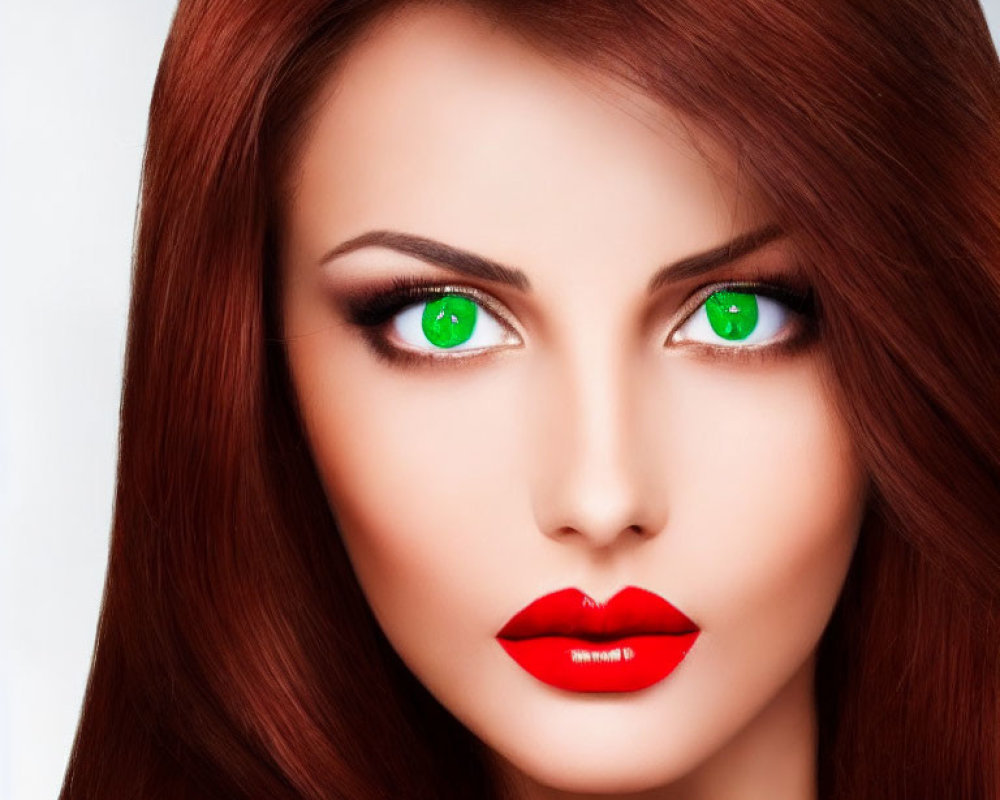 Vibrant red hair, green eyes, and bold lipstick portrait.