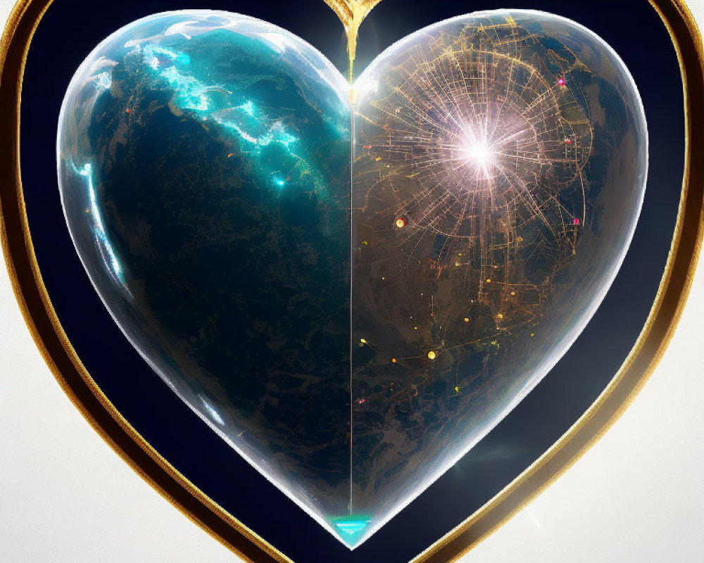 Heart-shaped Earth split to reveal glowing core in gold frame