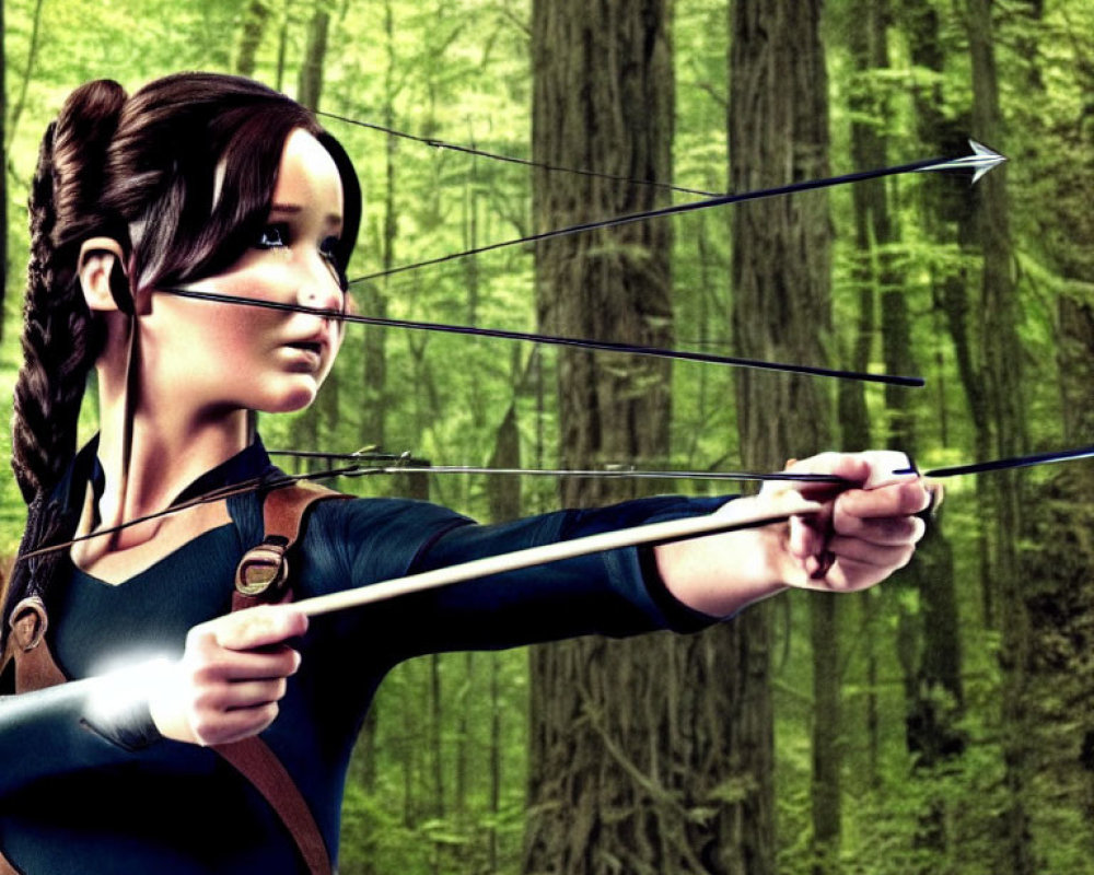 Braided-Haired Female Character Aiming Bow and Arrow in Forest