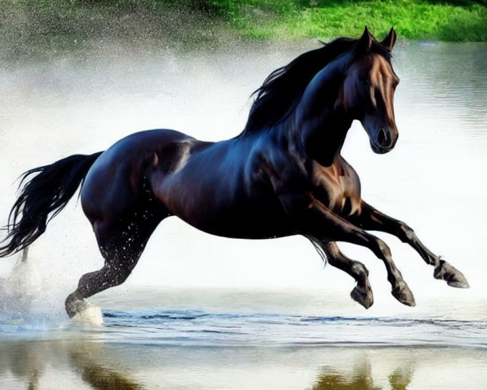 Black Horse Galloping Powerfully in Water Reflections