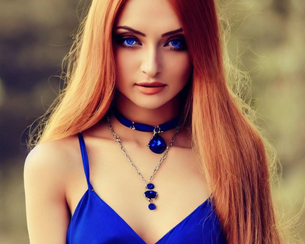 Red-haired woman in blue dress with matching accessories