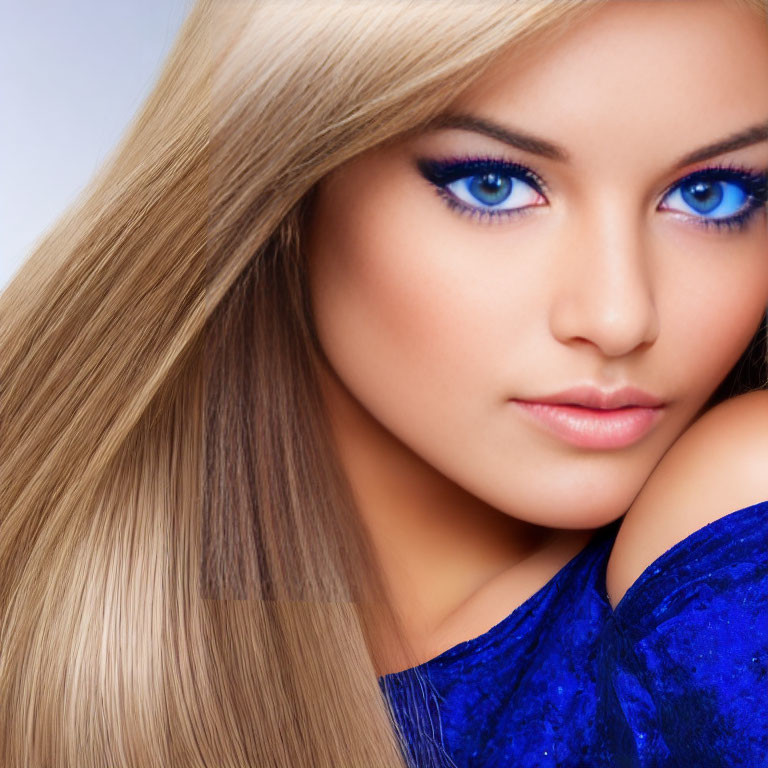 Blonde woman with blue eyes and matching makeup wearing blue top