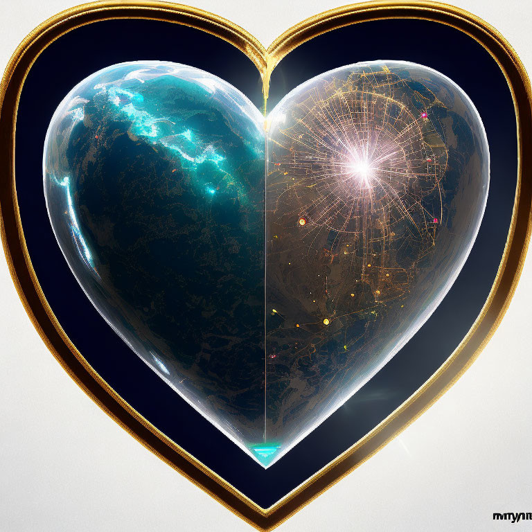 Heart-shaped Earth split to reveal glowing core in gold frame
