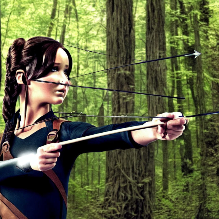 Braided-Haired Female Character Aiming Bow and Arrow in Forest