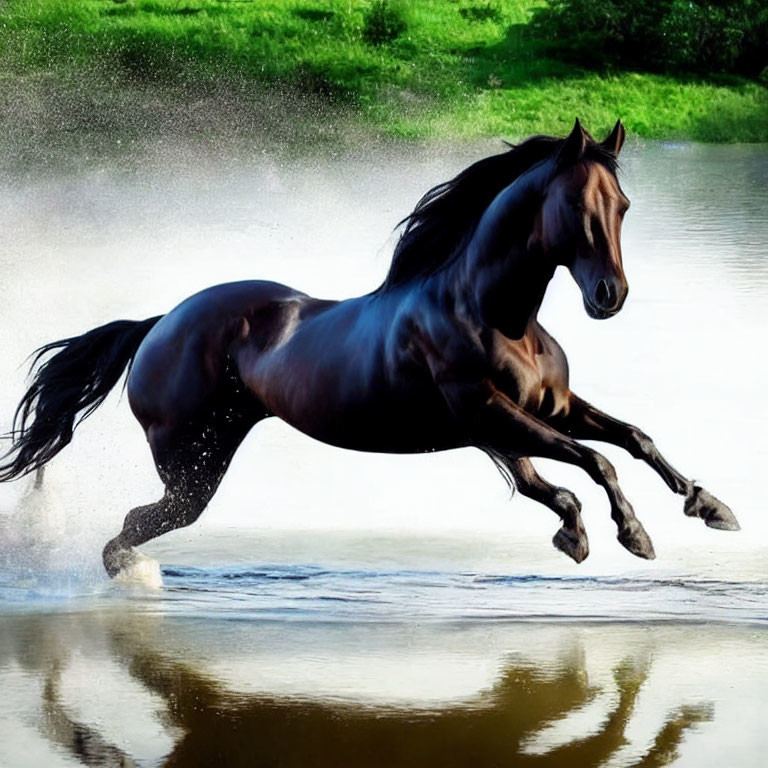 Black Horse Galloping Powerfully in Water Reflections