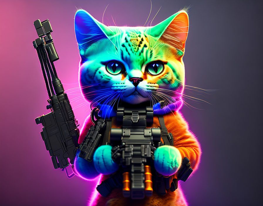 Colorful digital artwork of cat with neon-green fur patterns holding futuristic guns on pink and purple background