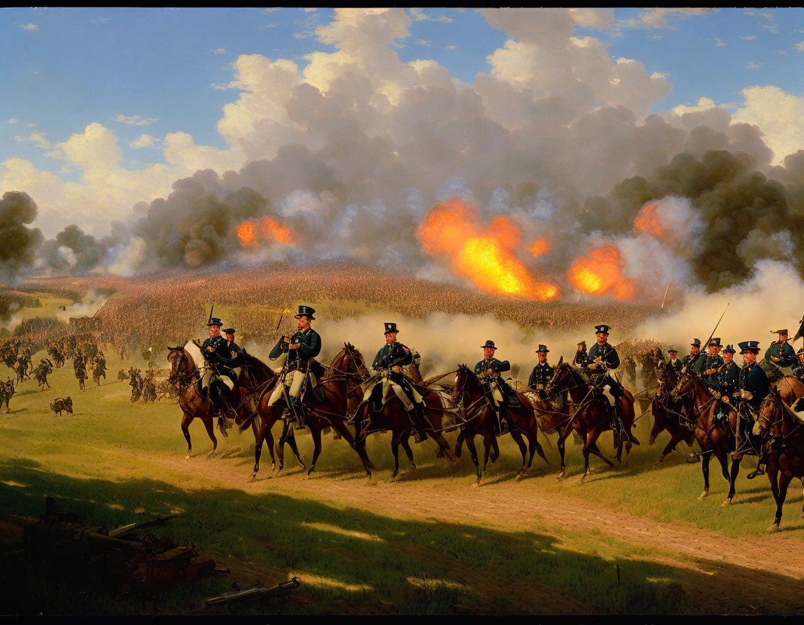 Historical military scene: Cavalry charge amidst explosions