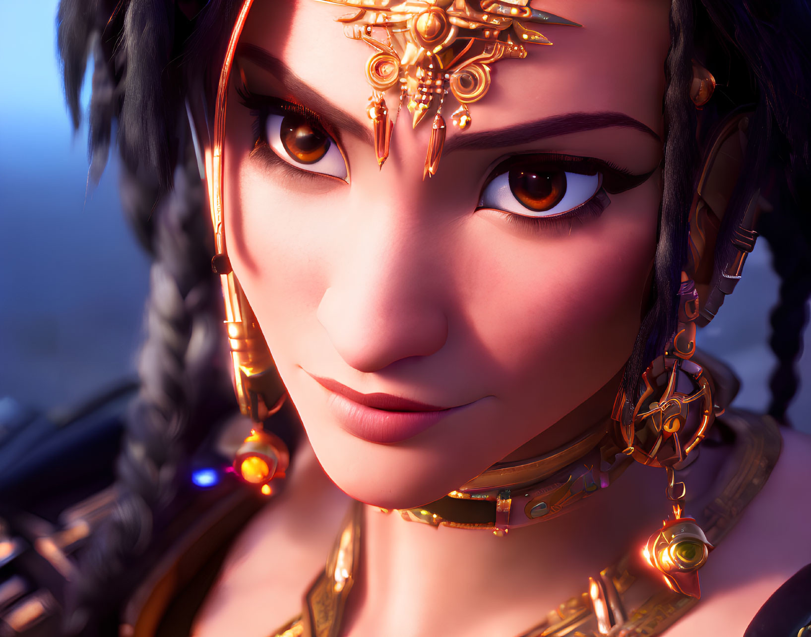 Detailed 3D animated woman with gold jewelry and braided hair
