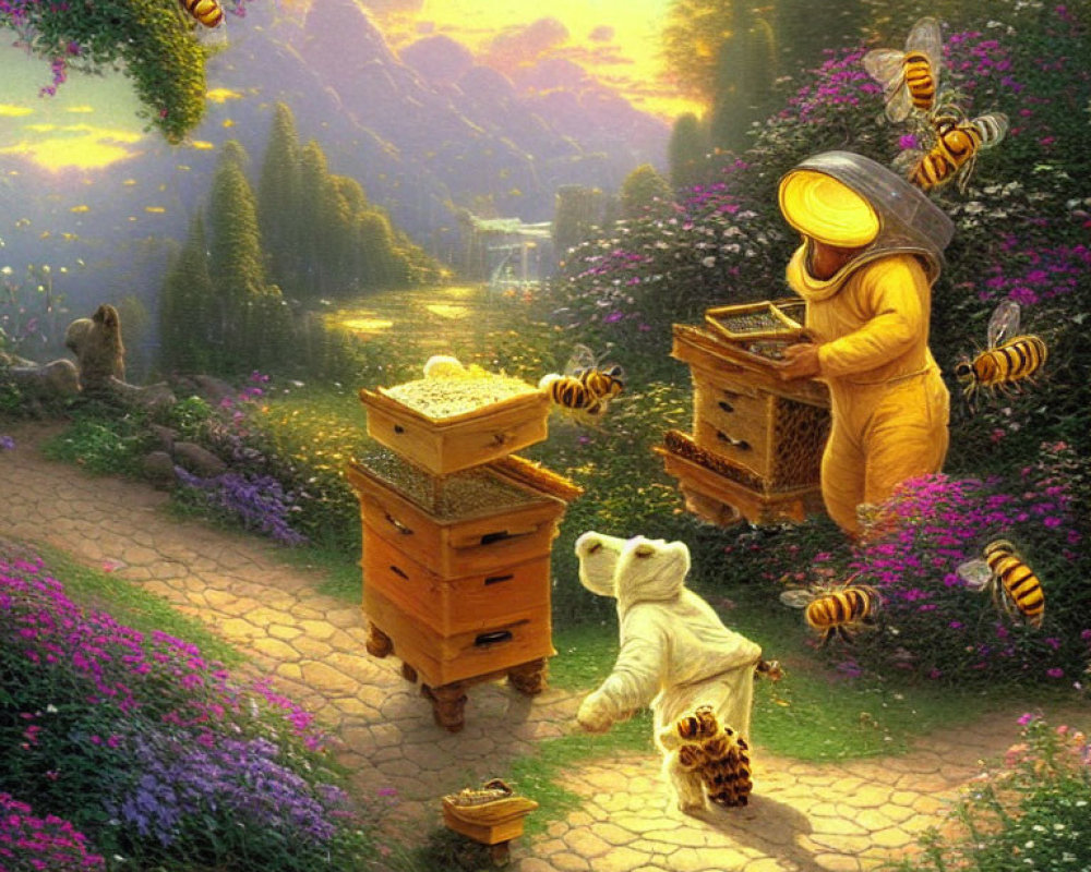 Fantastical image of large bees, bear in beekeeping gear, lush landscape with golden sunset