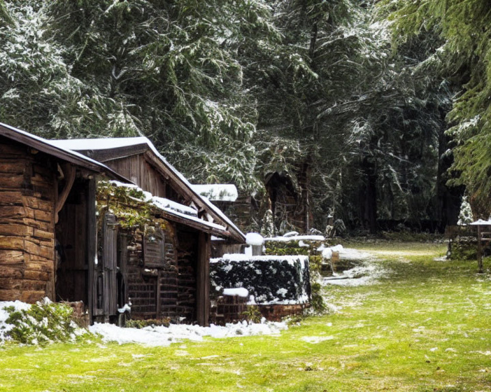 Snowy roofed wooden cabin nestled in snowy forest