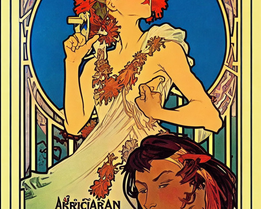 Vintage Art Nouveau Poster with Woman in Flowing White Dress and Orange Flowers