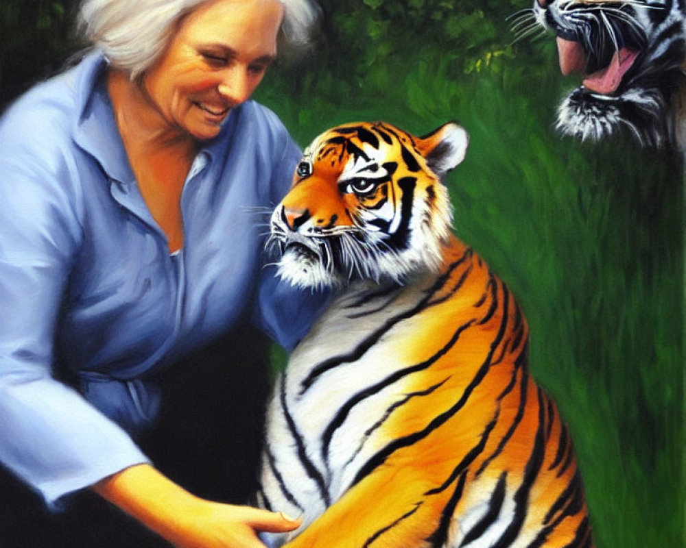 Woman in blue shirt touching tiger with another in background among green foliage