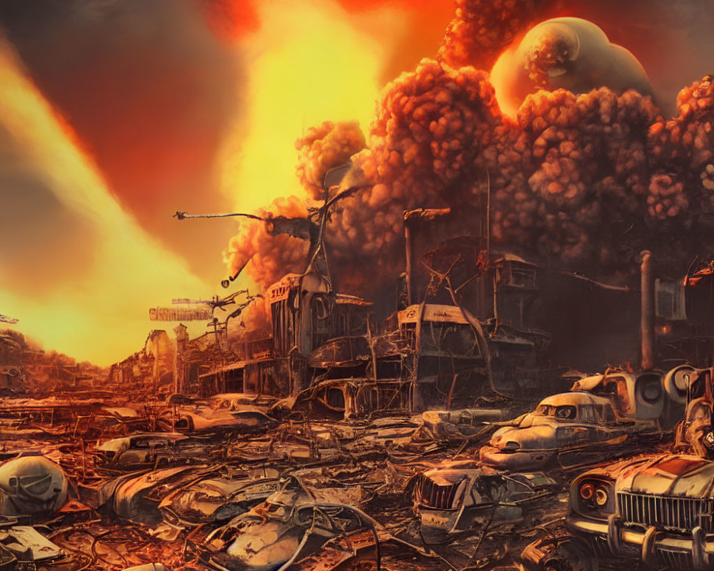 Destroyed cars, flaming debris, and dark skies in a post-apocalyptic city