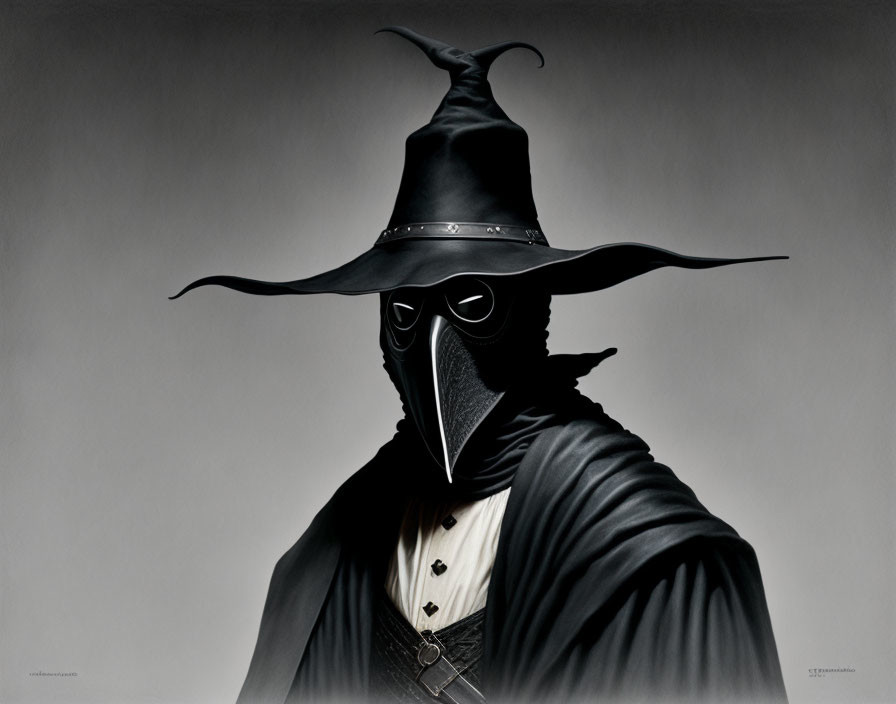 Mysterious Figure in Dark Cloak with Plague Doctor Mask