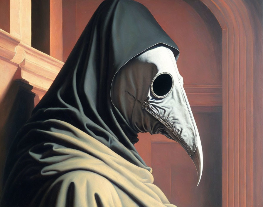 Plague doctor costume with long beaked mask against wooden paneled walls