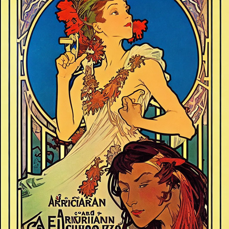 Vintage Art Nouveau Poster with Woman in Flowing White Dress and Orange Flowers