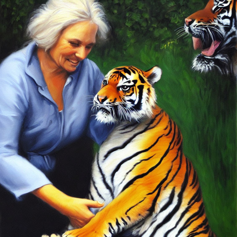 Woman in blue shirt touching tiger with another in background among green foliage