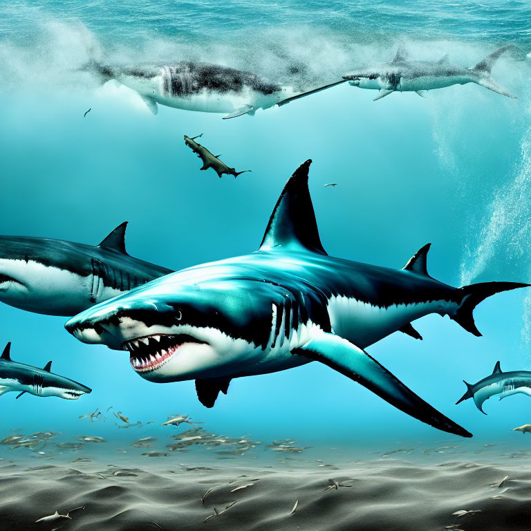 Multiple sharks of various sizes swimming in deep blue ocean scene
