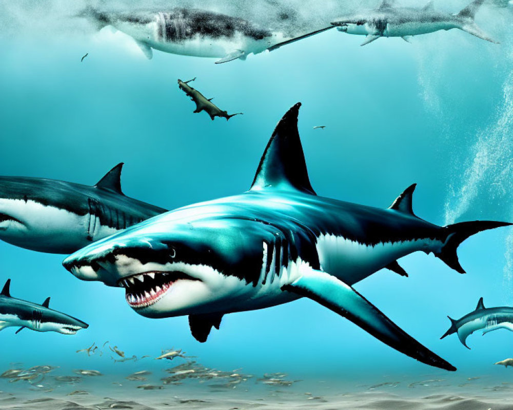 Multiple sharks of various sizes swimming in deep blue ocean scene