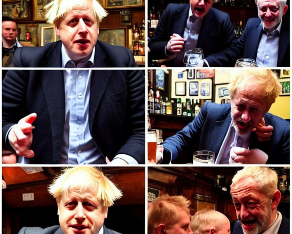 Four-photo collage of two men in pub conversation and laughter, featuring messy blond hair.