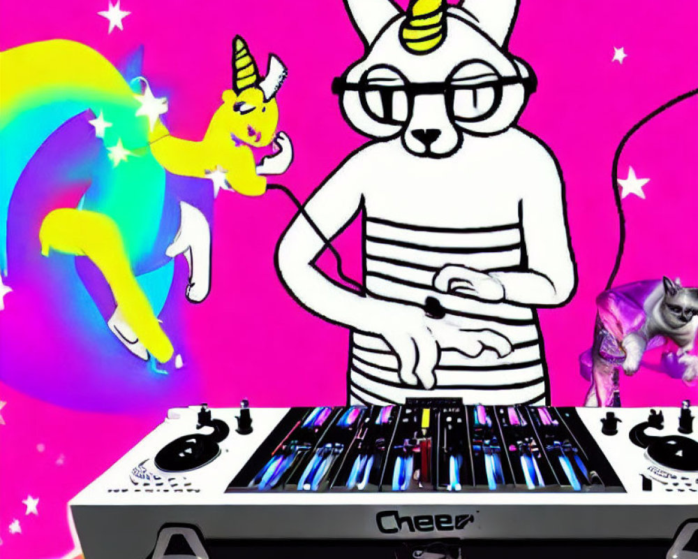Cat in glasses DJs on mixer with unicorns and stars on pink background