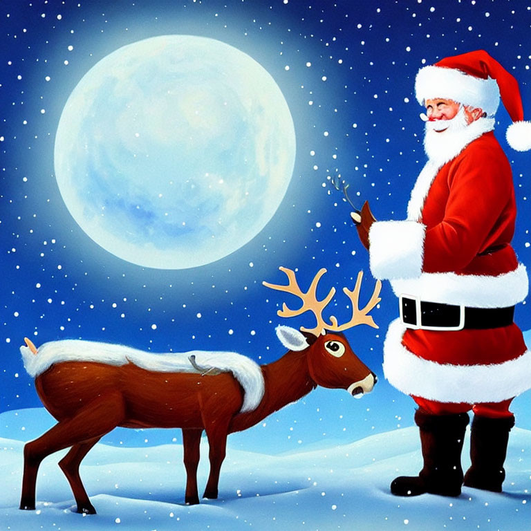 Santa Claus with bell and reindeer under full moon in snowy night