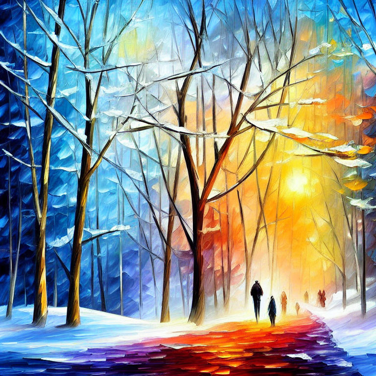 Impressionistic winter park scene with colorful trees and glowing sun