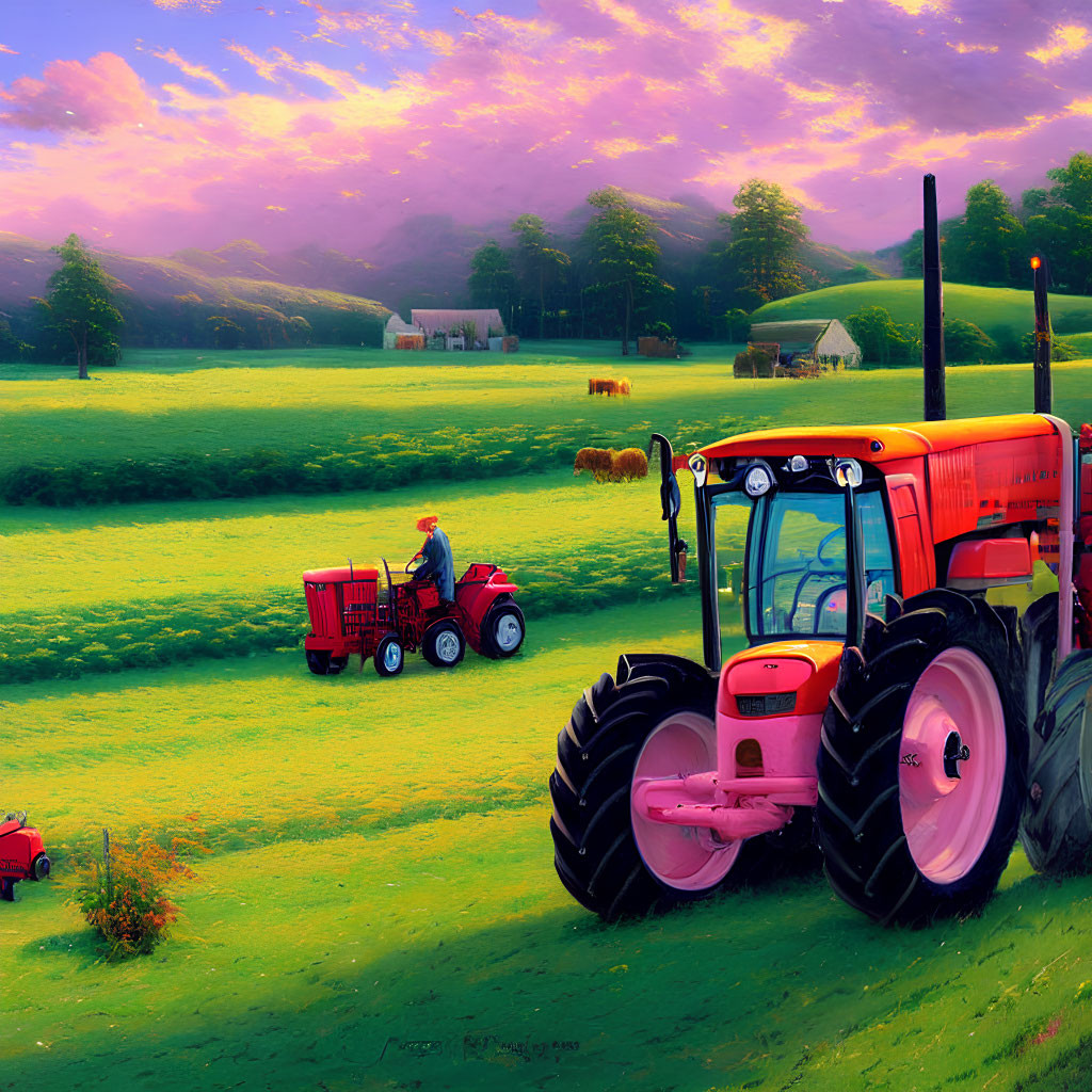 Vibrant rural illustration with farmer, tractor, cattle, farmhouse, and sunset.
