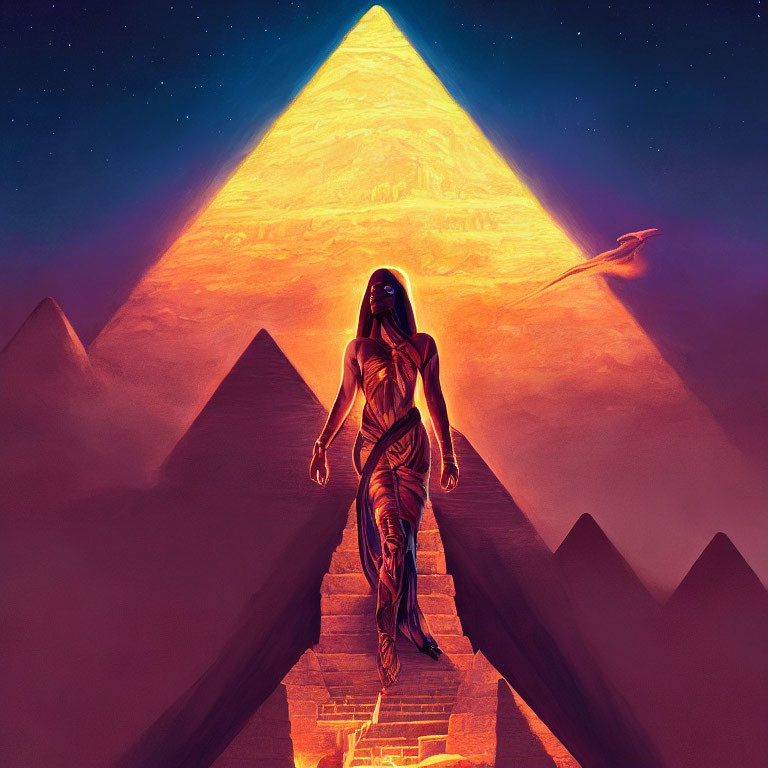 Mystical figure on staircase near glowing pyramid under starry sky