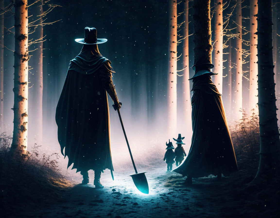 Mysterious figure with shovel and dog in misty forest at night