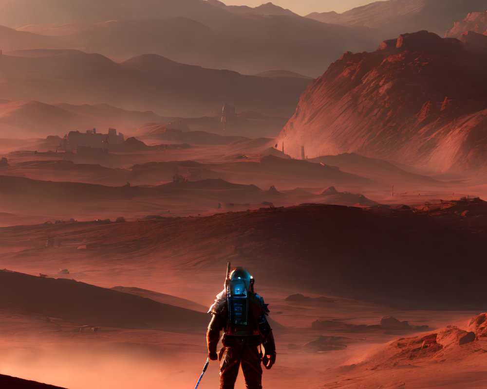 Astronaut exploring rocky Mars-like planet landscape