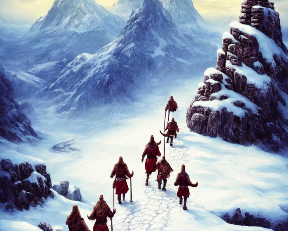Adventurers in cloaks trek snowy mountain path under hazy sky