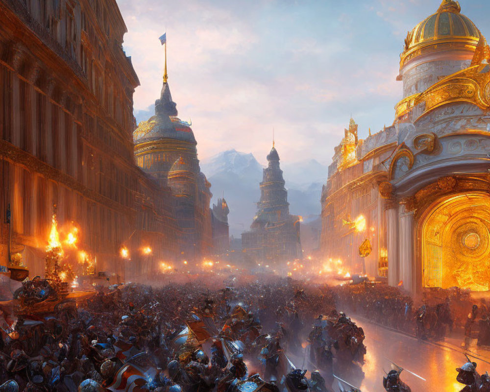 Fantastical battle scene in city street with soldiers, golden domes, and fiery explosions