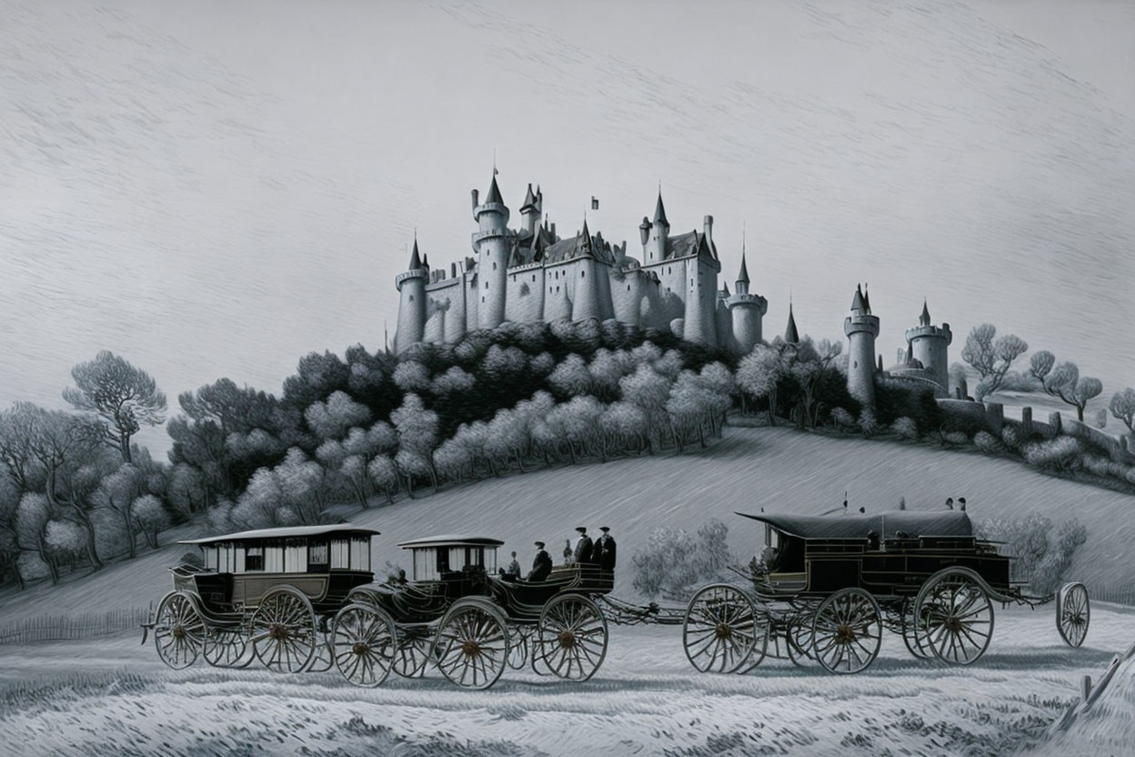Monochrome illustration of grand castle on hill with carriages