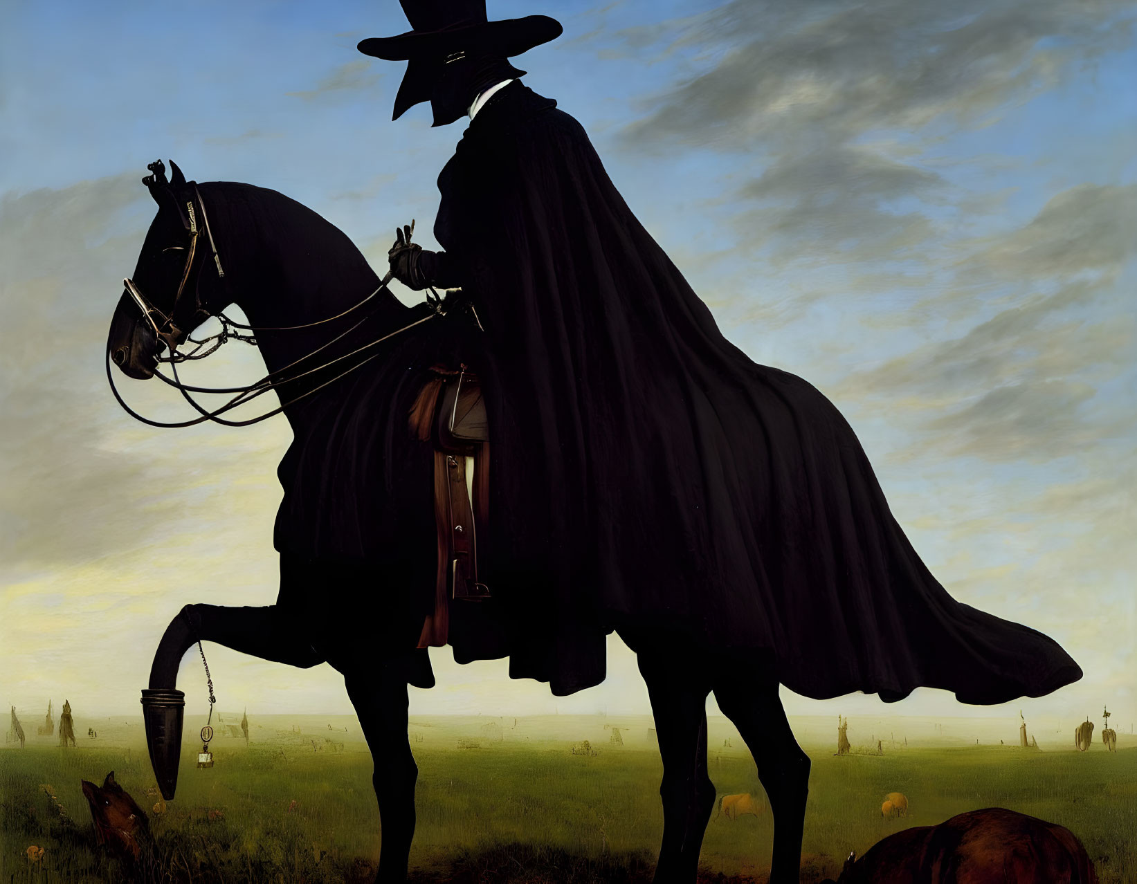 Silhouette of person in cape and hat riding horse at dusk