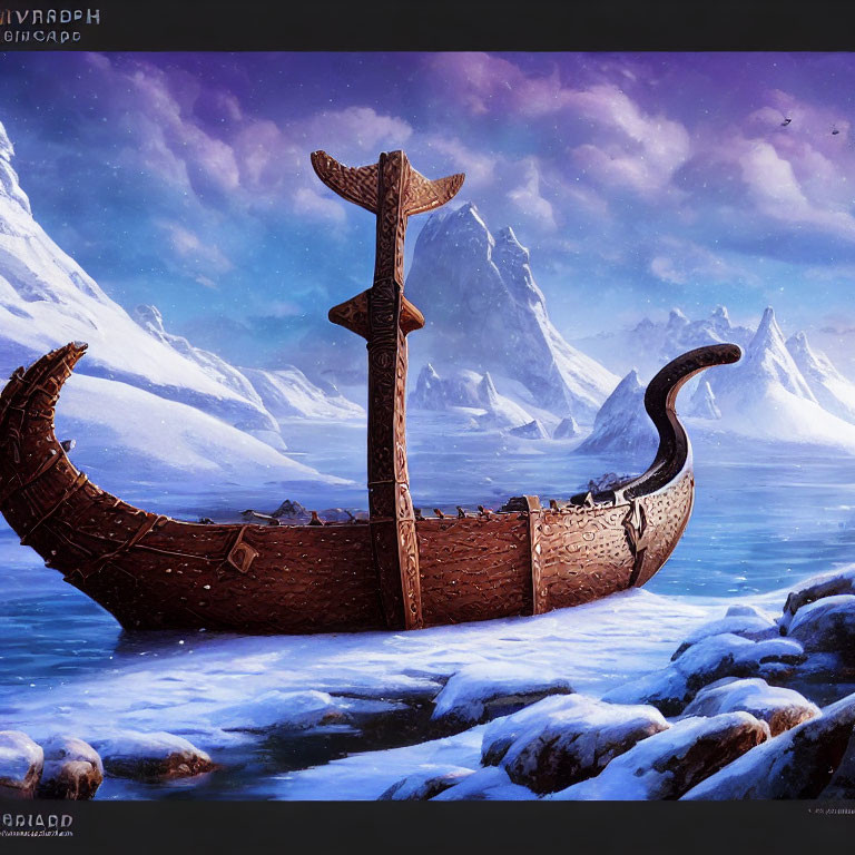 Viking longship stranded on snowy shore with icy waters and mountains