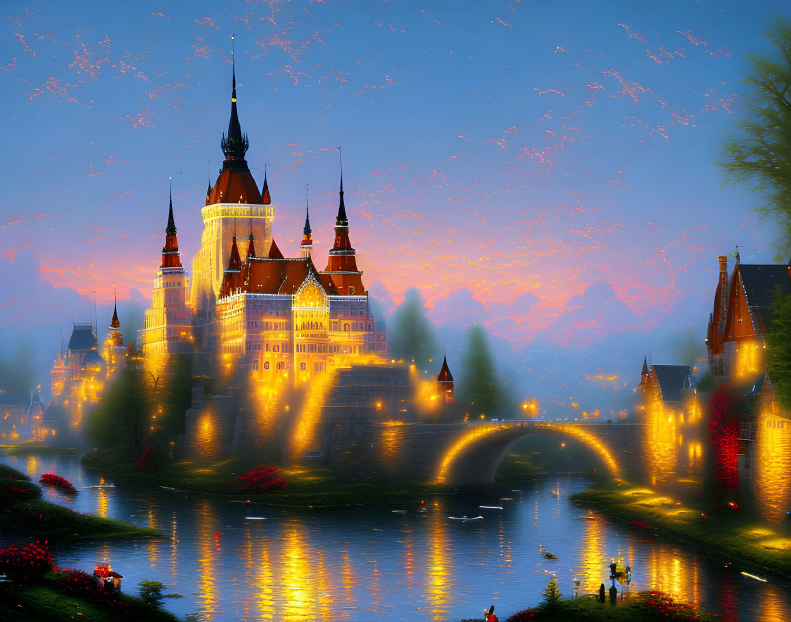 Fantasy castle at dusk with illuminated bridge and magical sky.