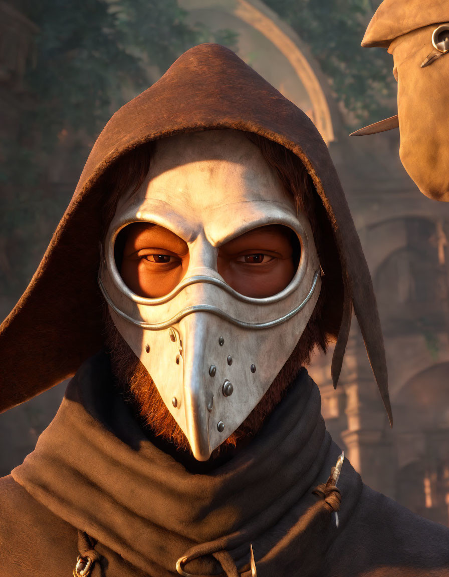 Person wearing hood and metallic plague doctor mask in ancient/medieval setting