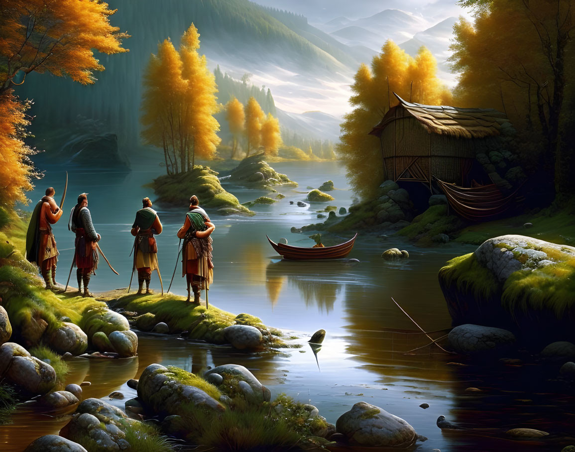 Three people in traditional attire by river with boat, autumn trees, and hut at dusk