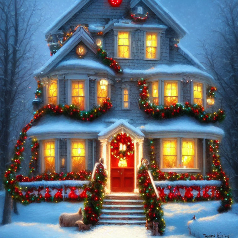 Snowy Landscape: Festive Decorated Two-Story House with Dog