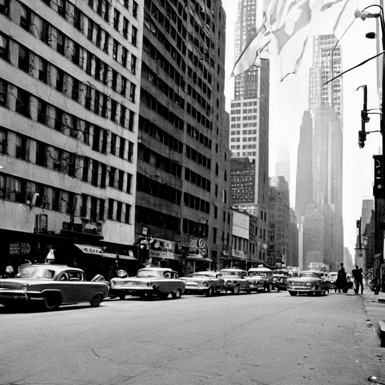 Vintage black and white photo of old city street with vintage cars and towering buildings