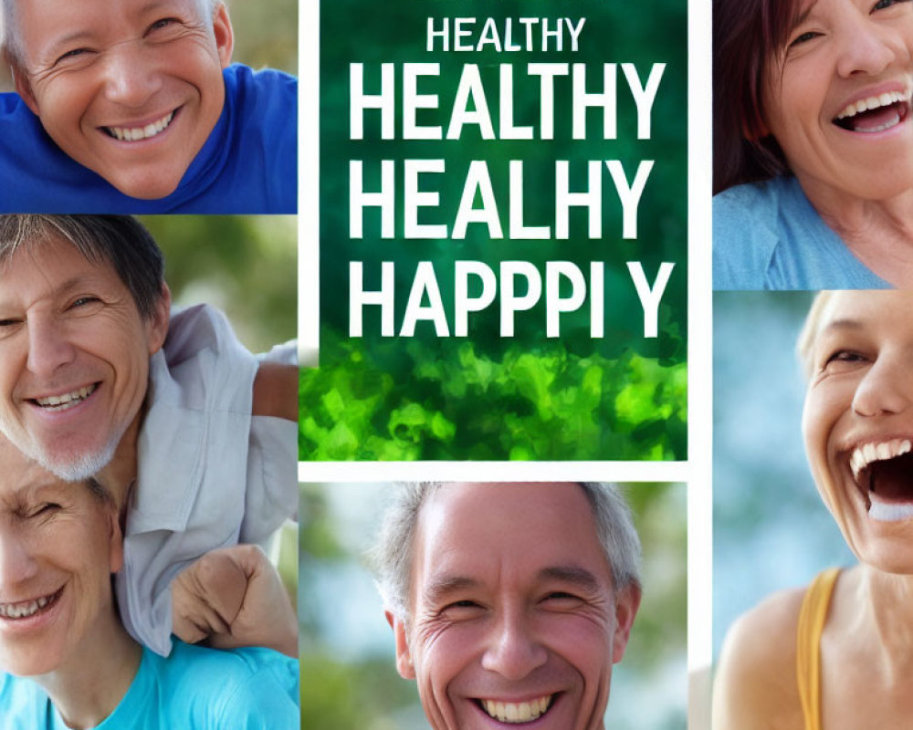 Smiling older adults in collage with "HEALTHY" and "HAPPY" words