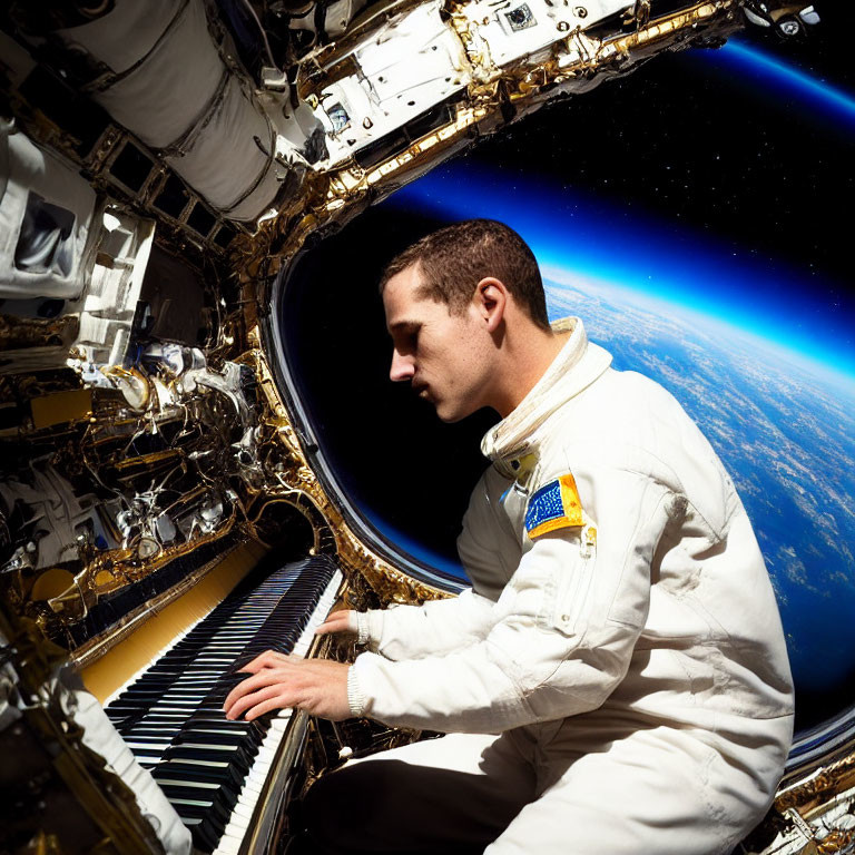 Astronaut in white space suit playing keyboard in spacecraft with Earth's curvature visible.
