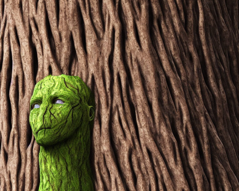 Green Textured Head on Brown Tree Bark Background